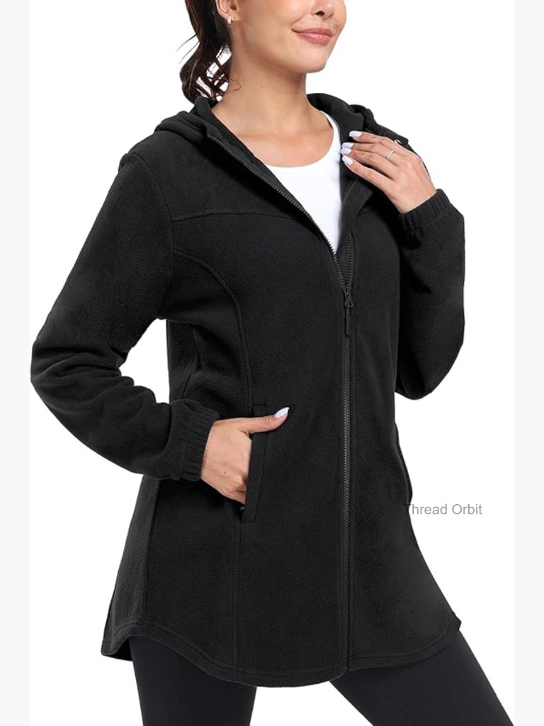 Long Fleece Zip Hoodie Jacket With Pockets For Winter Warmth